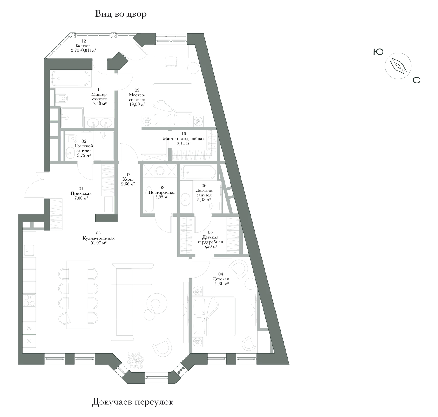 Планировка: резиденция № 6, 124,5 м², 2 спальни, 3 этаж